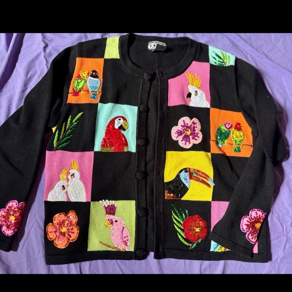 Vintage Berek Black Multicolor Hand Crafted Bird Cardigan - Picture 2 of 9